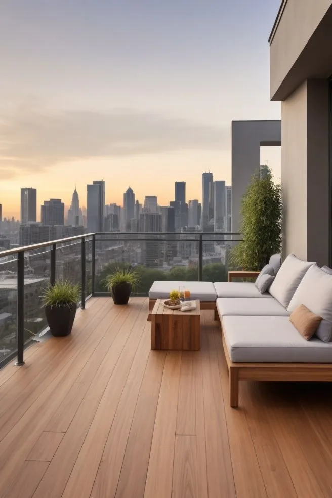 Terrasse en grès cérame effet bois grandes lames chaudes brunes, imitation parquet extérieur sans entretien